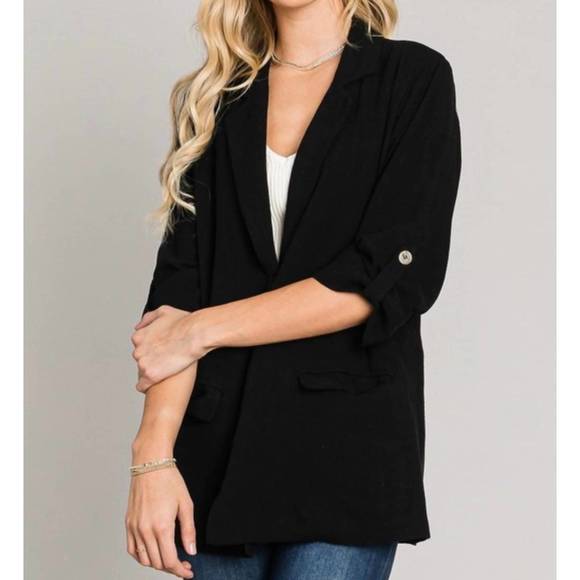 NEW ALLIE ROSE linen roll sleeve jacket in black - Picture 2 of 3